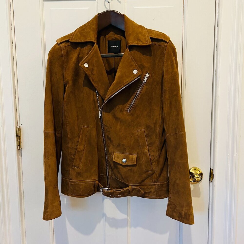 Theory Suede Goat Leather Womens Cognac Brown Tan Bike Jacket Coat Size Small - Picture 9 of 16